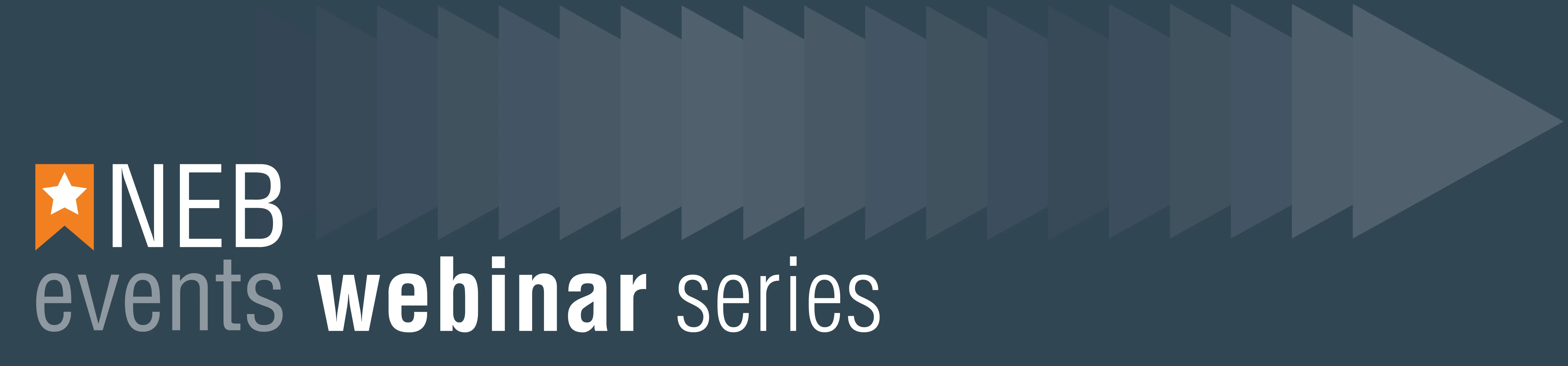 NEBevents logo with webinar series text with graphical arrows on blue background