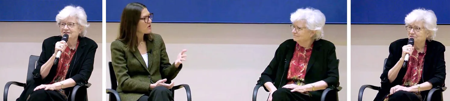 Photos of Nancy Hopkins talking during seminar at NEB