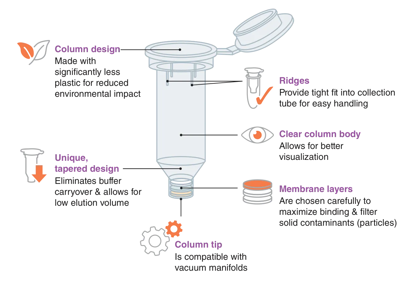 Illustration of Monarch® Spin Column S1A design and corresponding features