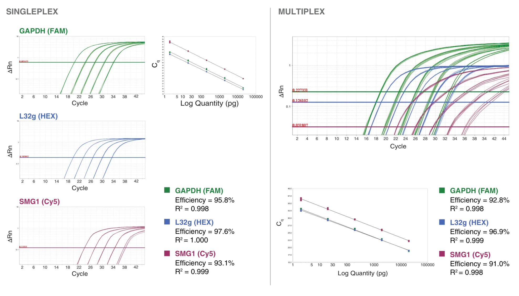  qPCR curves depicting performance of Luna in singleplex and multiplex applications