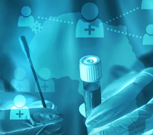 Collage of Africa, COVID testing kit and patient icons