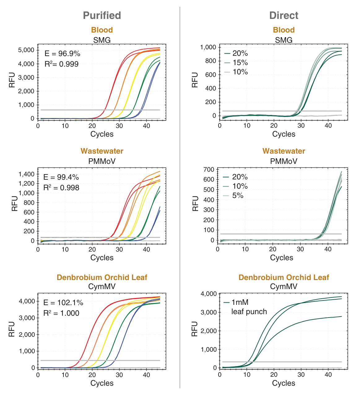 RT-qPCR comparison of purified versus direct samples of blood, wastewater and Dendrobium Spanish Eyes