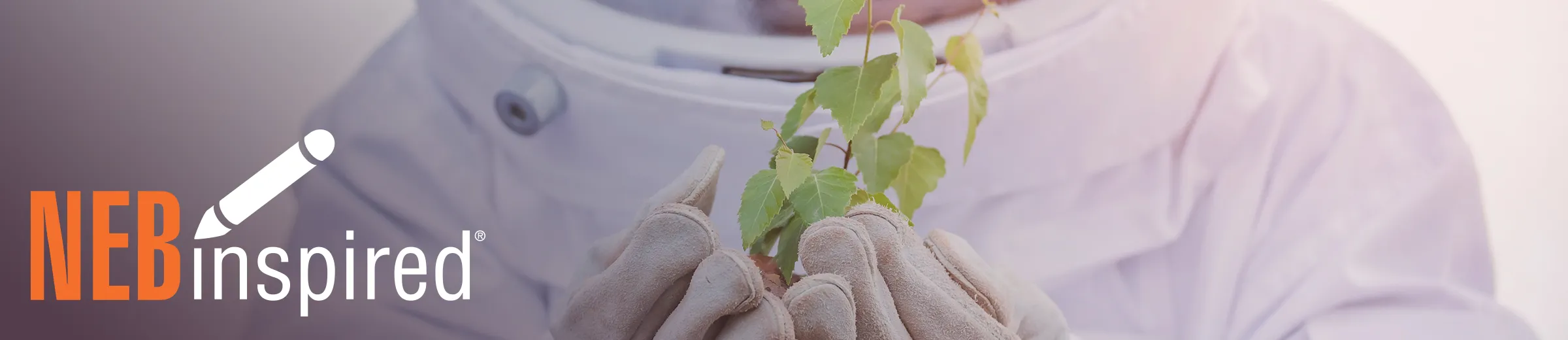 Astronaut in space suit holding a plant, with NEBinspired logo
