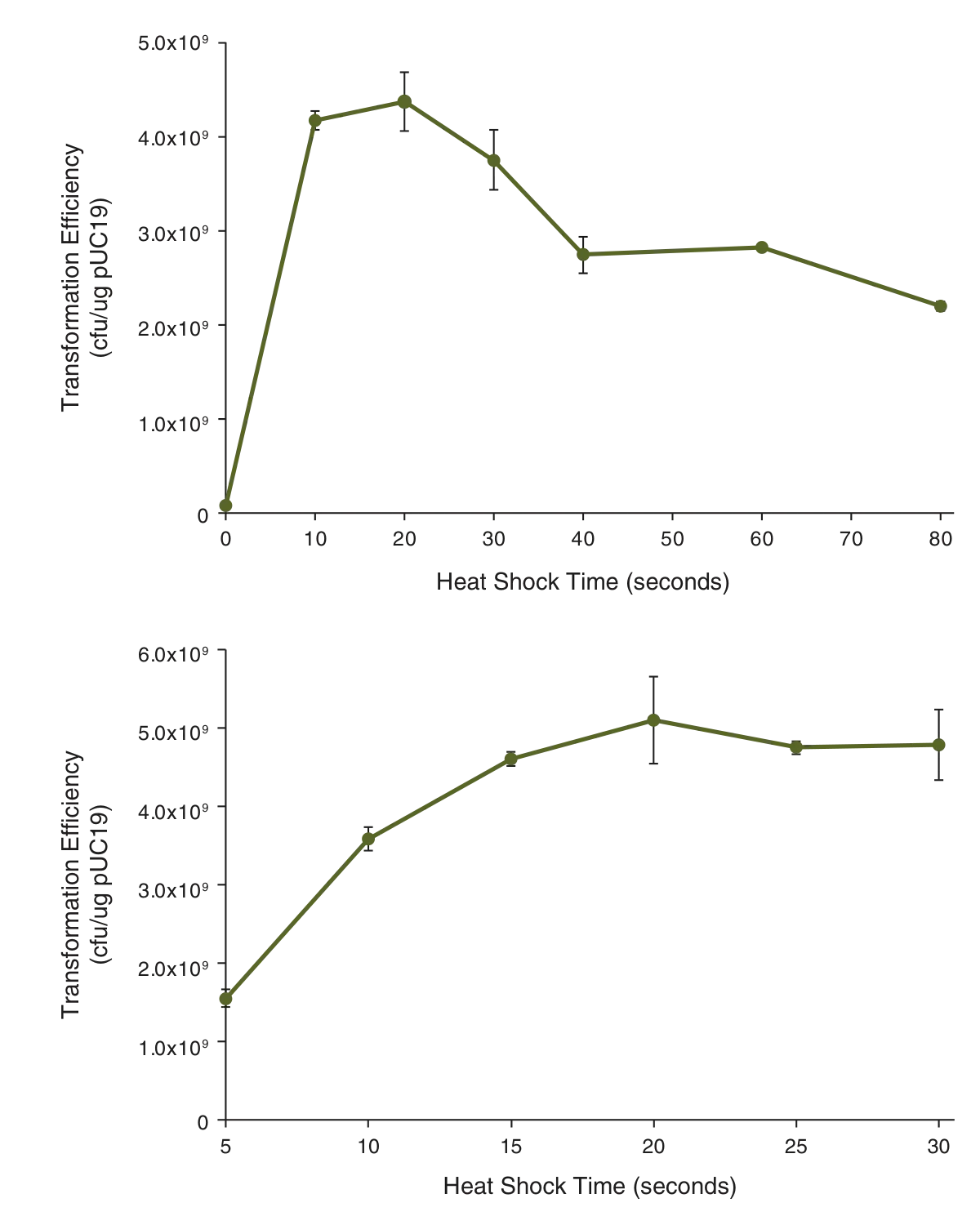 Line graphics showing the effects of heat shock time on transformation efficiency for NEB 10-beta Competent E. coli
