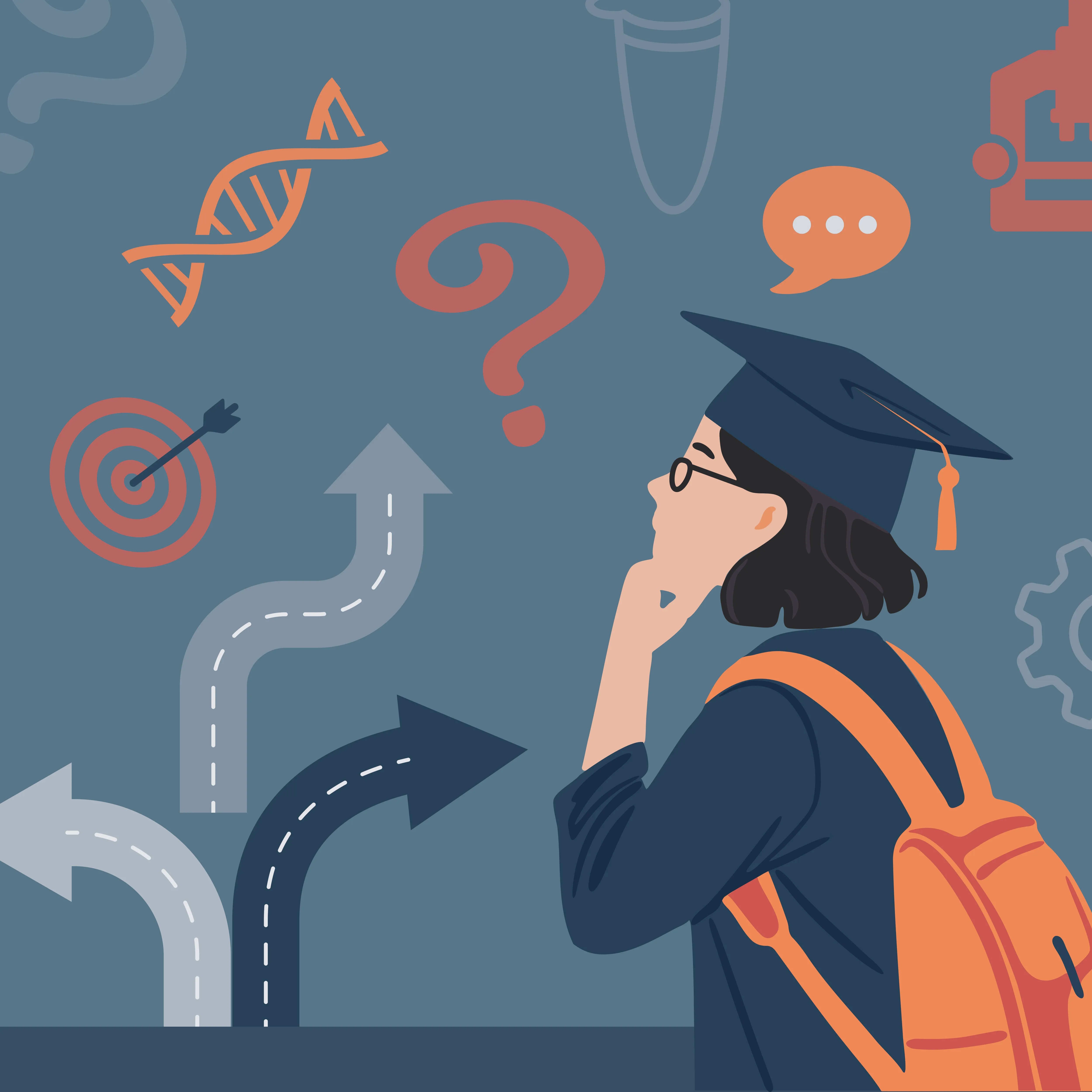 Illustration of confused graduate, pathway and floating icons