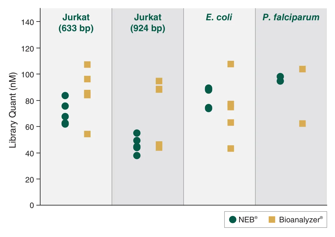Plots comparing quantitation consistency for NEBNext® Quant Kit and BioAnalyzer®