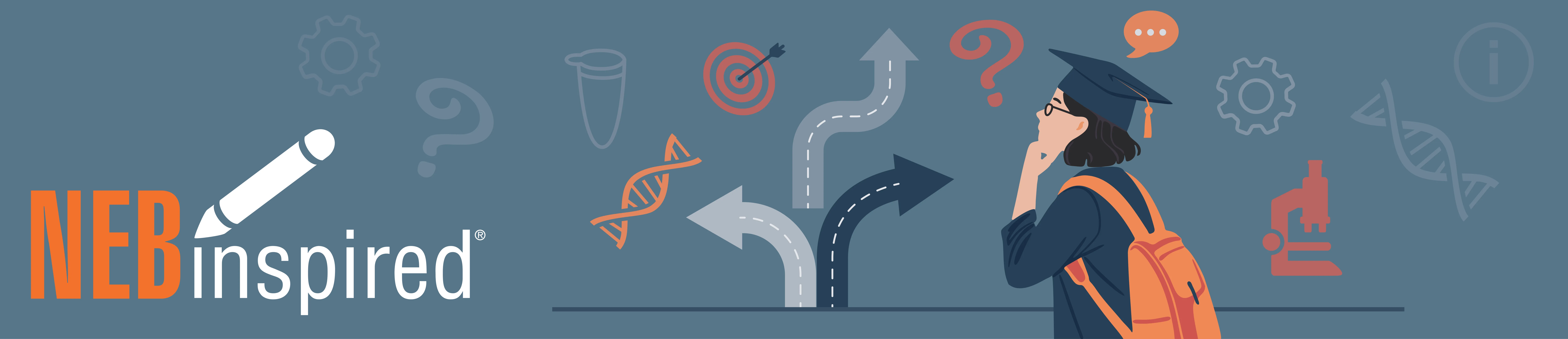 Illustration of confused graduate, pathway and floating icons, with NEBinspired logo