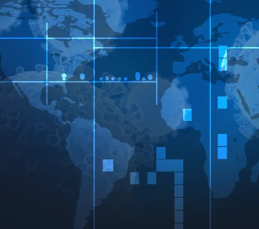 Collage of world map and digital primer monitor data
