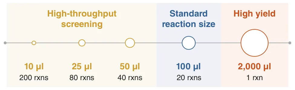 Diagram of kit scalability for high-throughput screening and high yield reactions