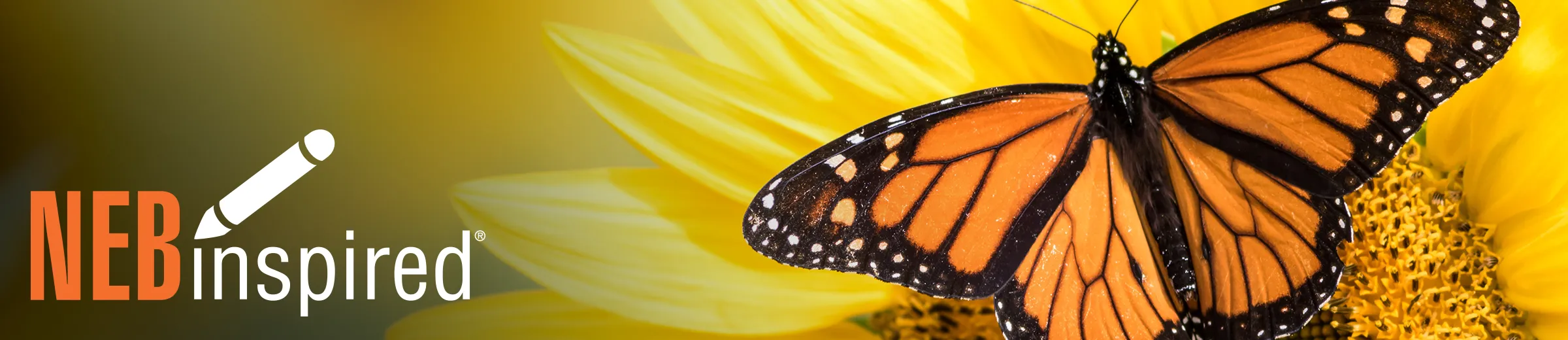 Monarch butterfly on top of sunflower, with NEBinspired logo