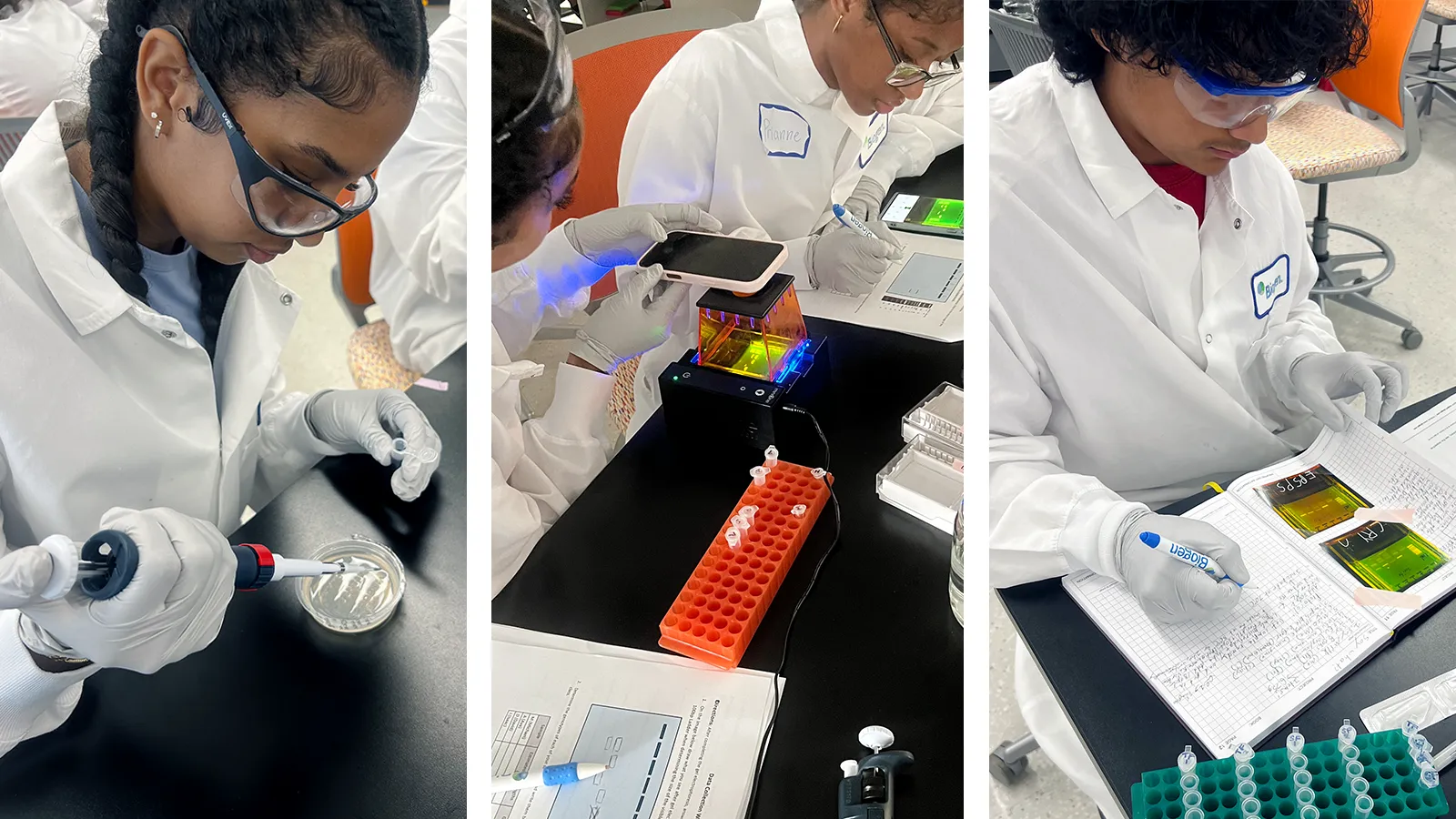 Collage of LEAH internship students, closeup, performing molecular biology experiments