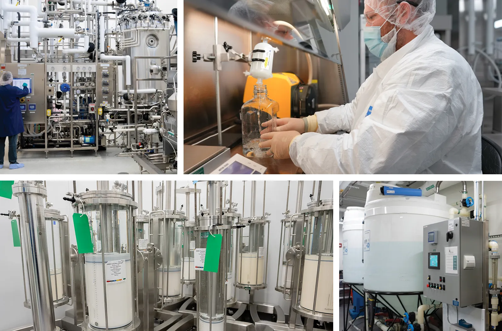 Photo collage show large scale buffer suite, multiple large purification columns and the fermentation suite at NEB's GMP facility