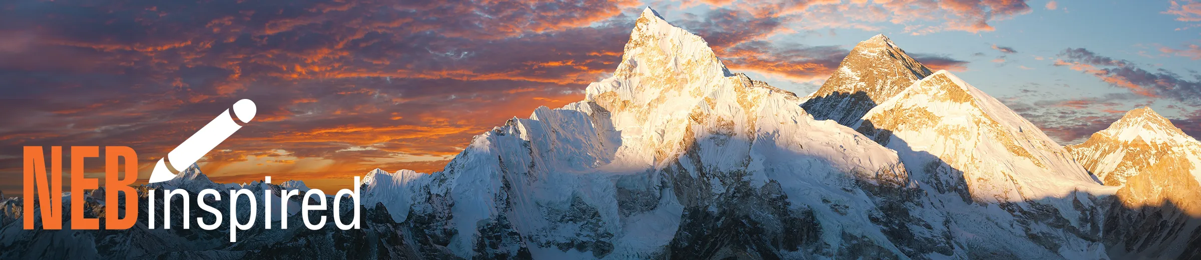 Mount Everest at sunset, with NEBinspired logo