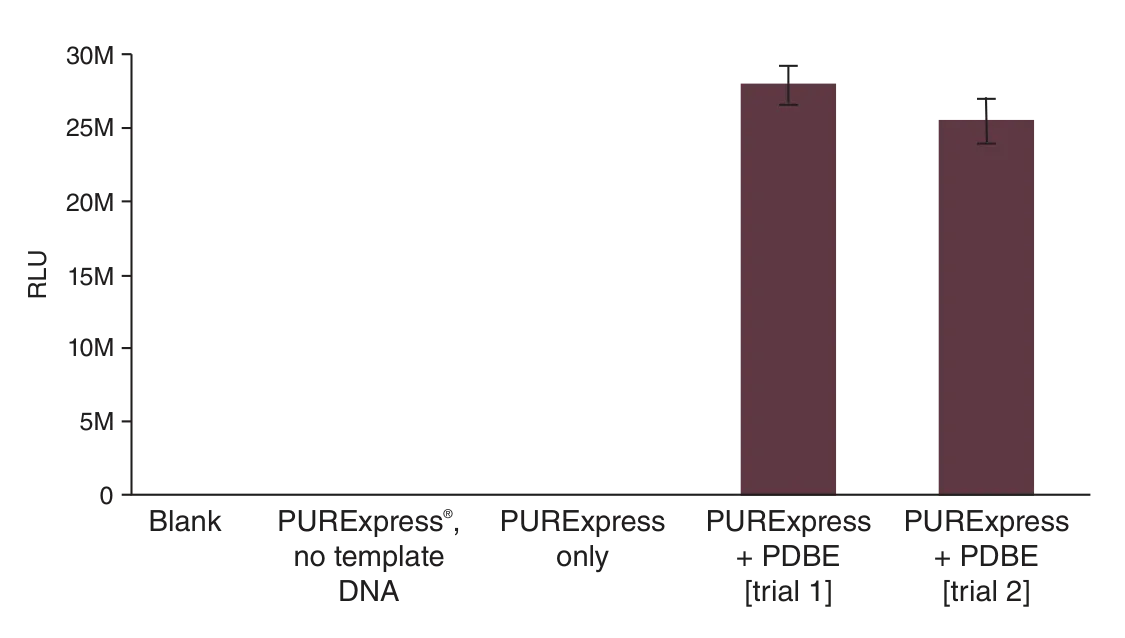 Bar graph depicting PURExpress® Disulfide Bond Enhancer effect on folding of Gaussia Luciferase (GLuc)