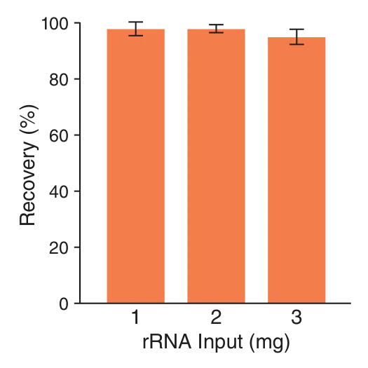 Bar graph depicting percent recovery of rRNA input using Monarch Spin High-Capacity RNA Cleanup Kit (3 mg)