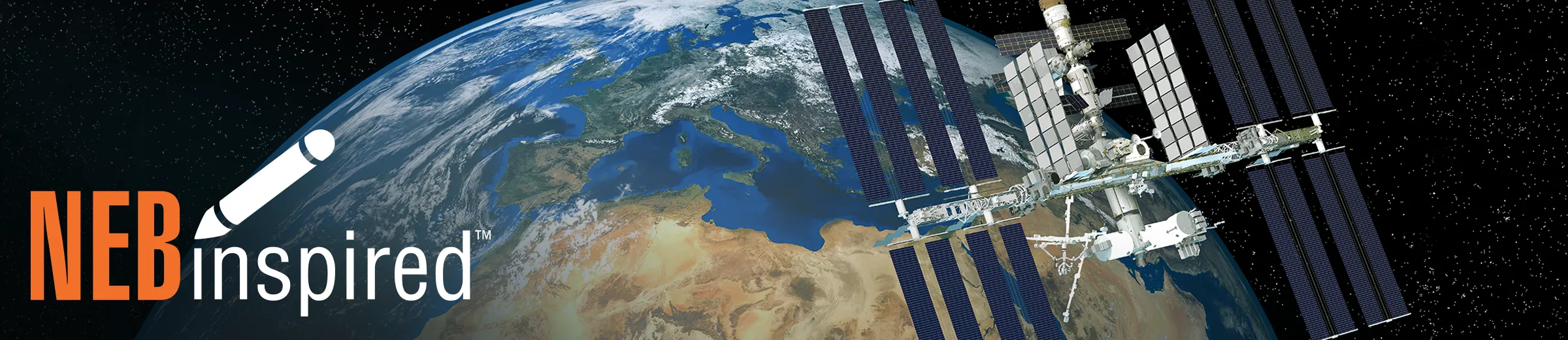 International space station – ISS –orbiting Earth, with NEBinspired logo