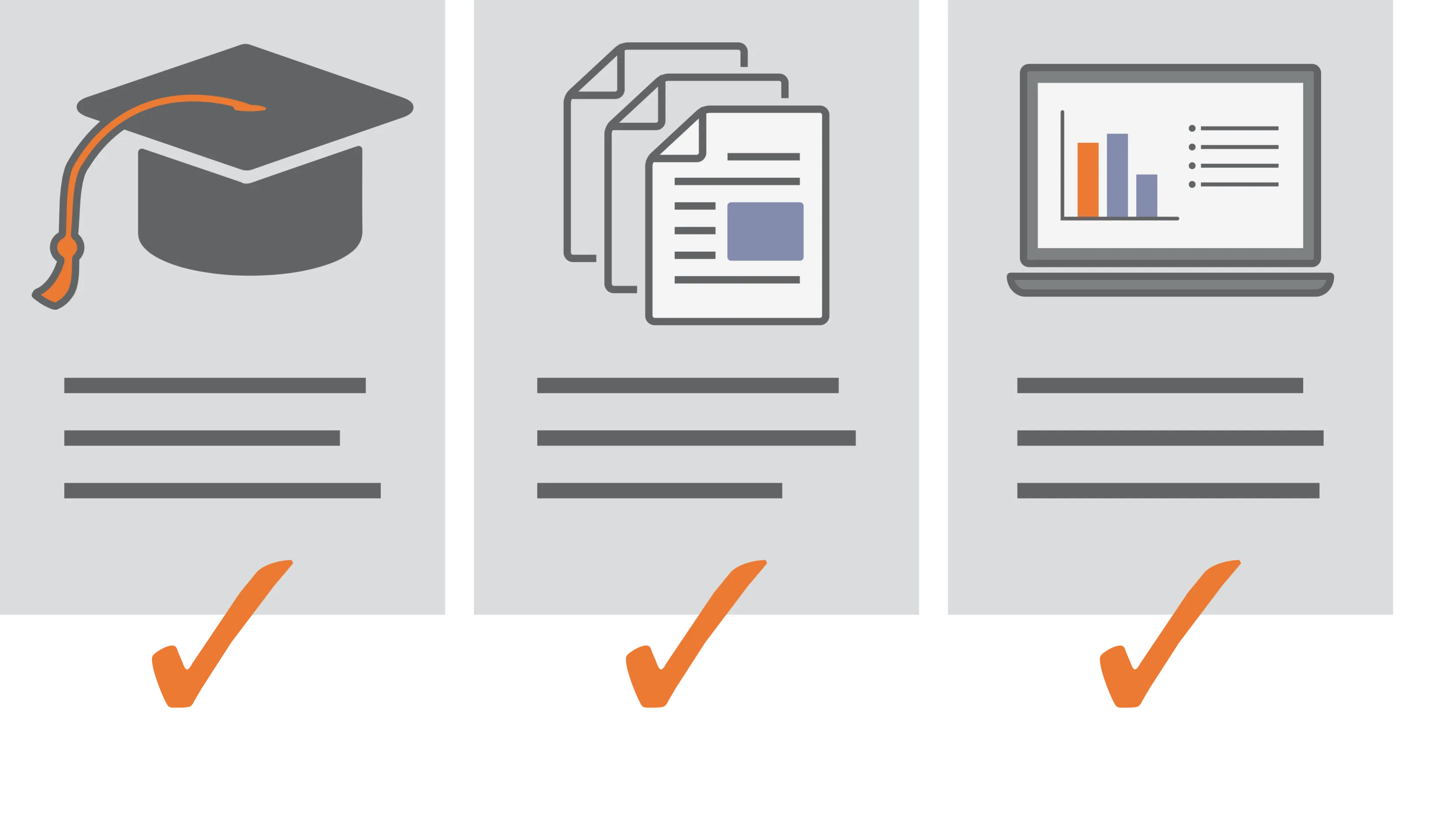 Illustration of education, publications and presentations, with checkmarks
