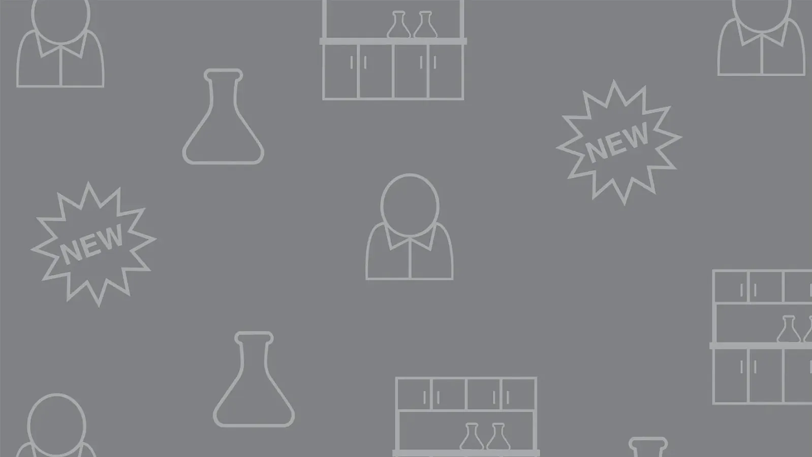 Gray pattern of laboratory benches, "new" badge and scientist icons, representing New Lab Discount promotion