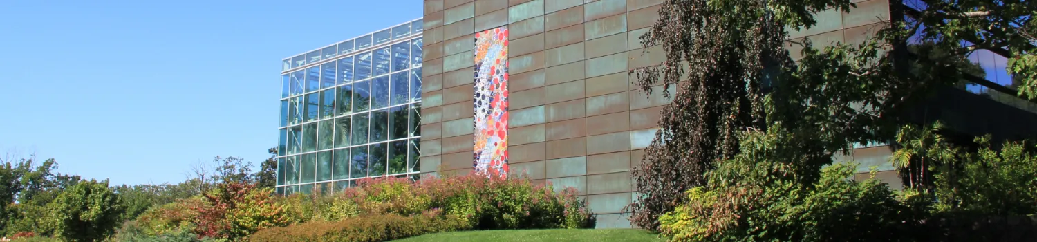 Leadership banner of NEB campus building and artwork
