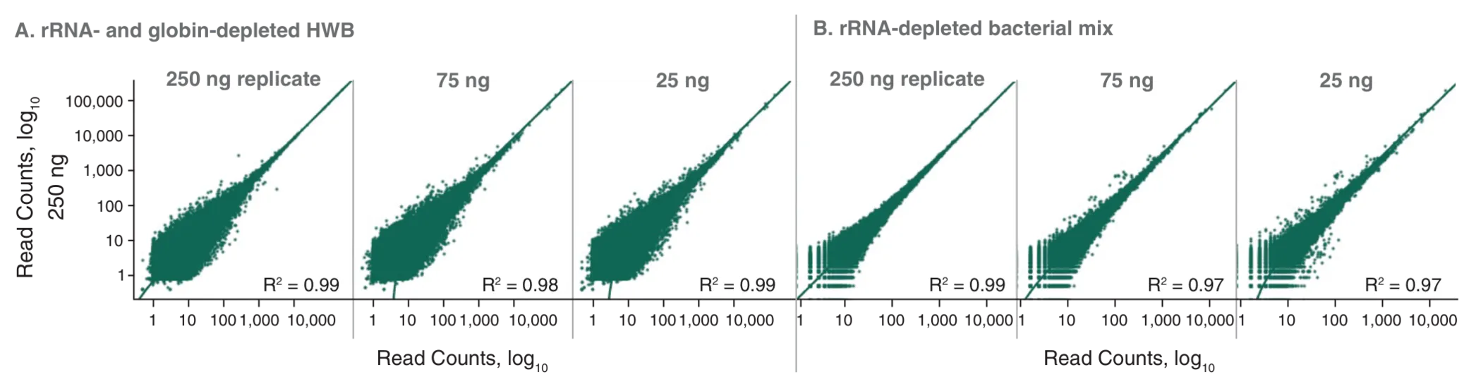 Plots depicting transcript correlation across sample types for NEBNext UltraExpress® RNA