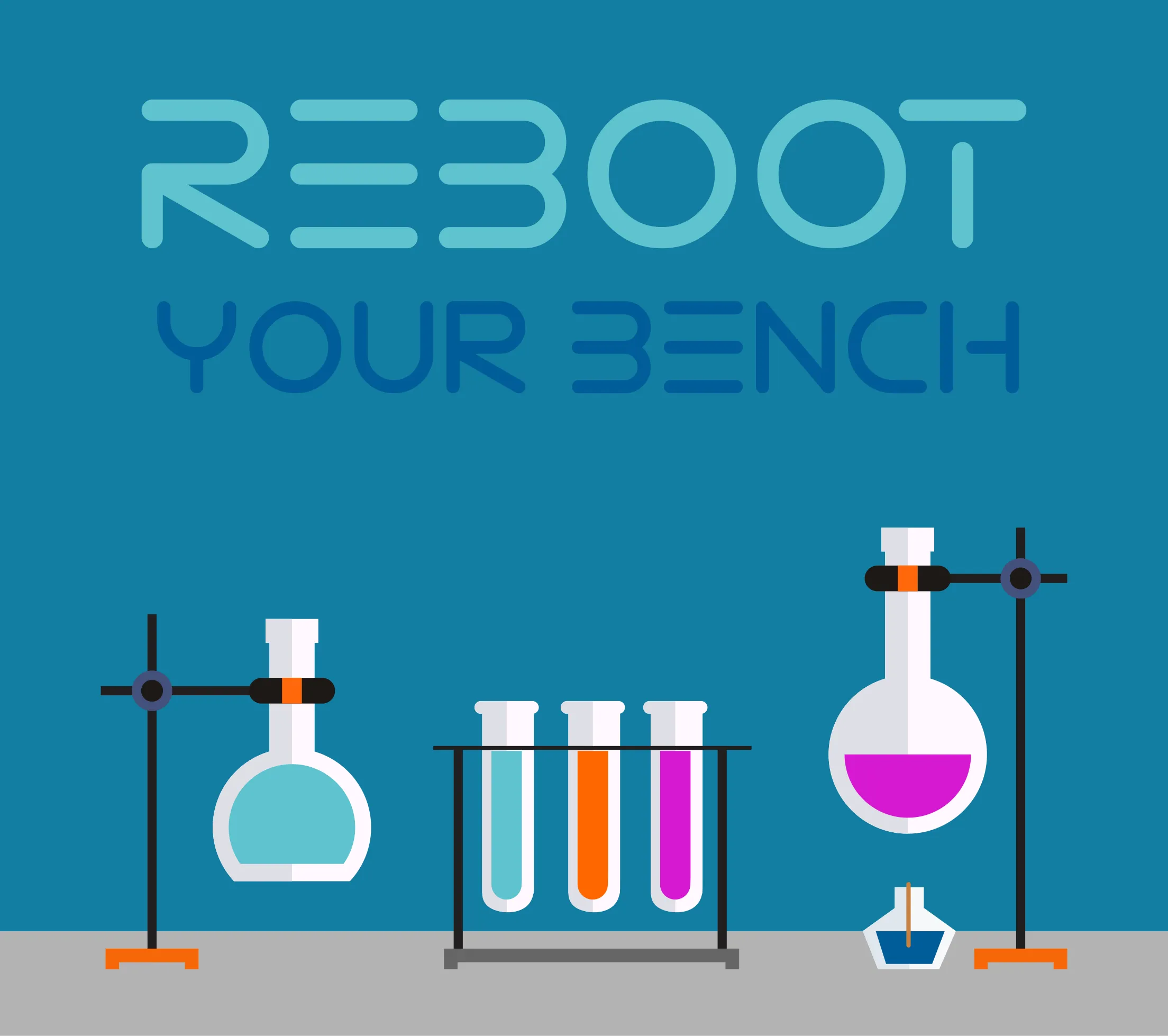 Illustration of laboratory bench in bright colors for  Reboot your Bench