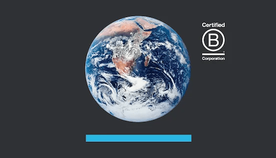 Earth  on dark background with B corp logo