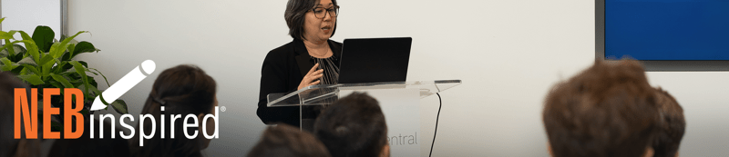 Celina Chang presenting at Labconscious® Go Green Symposium 2025, with NEBinspired® logo