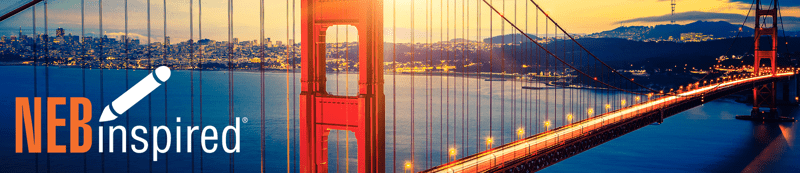 Golden Gate Bridge at sunrise with NEBinspired logo