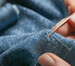 Hand with needle repairing hole in sweater