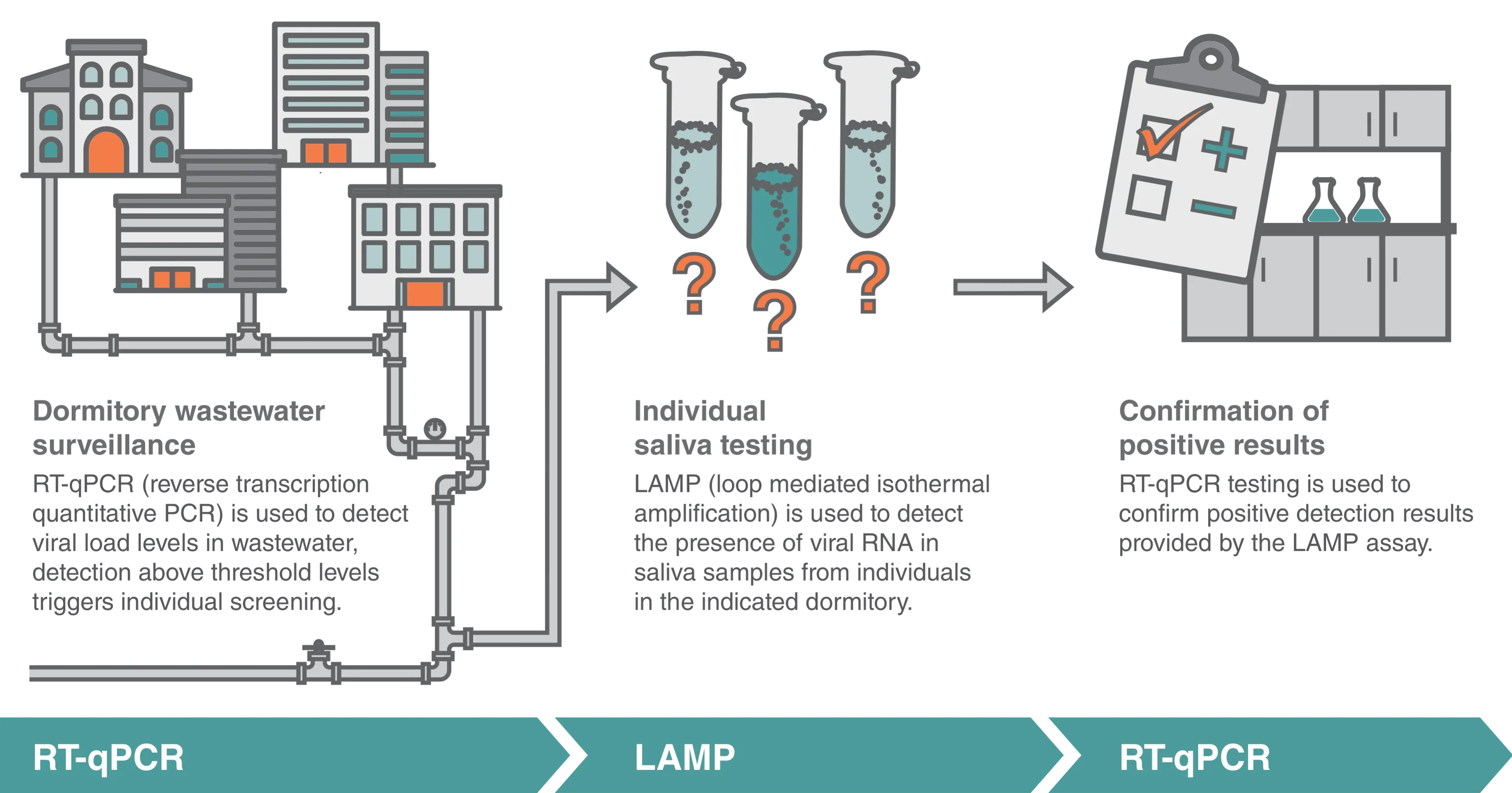 Infographic of campus surveillance testing workflow