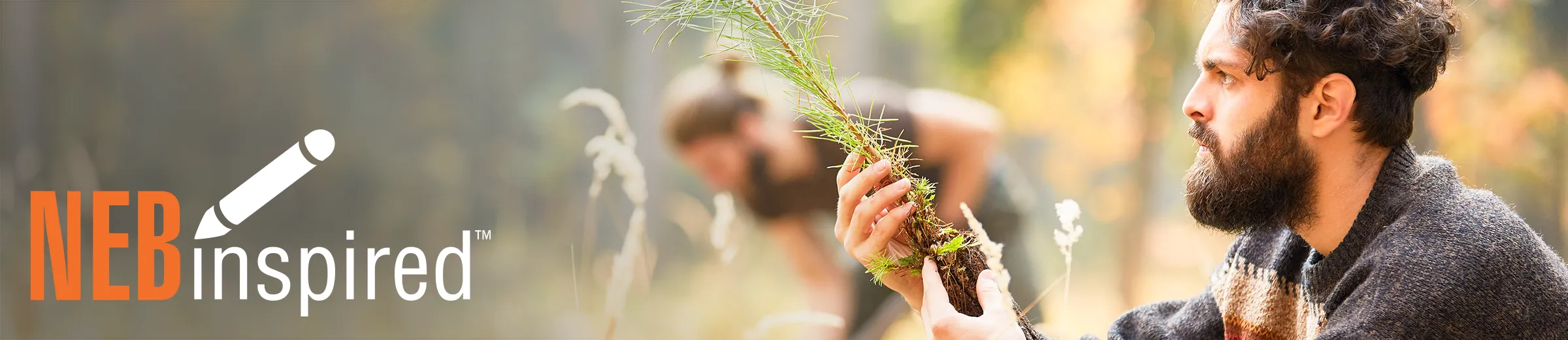 Photo of man holding a sapling to plant in a forest, with NEBinspired logo